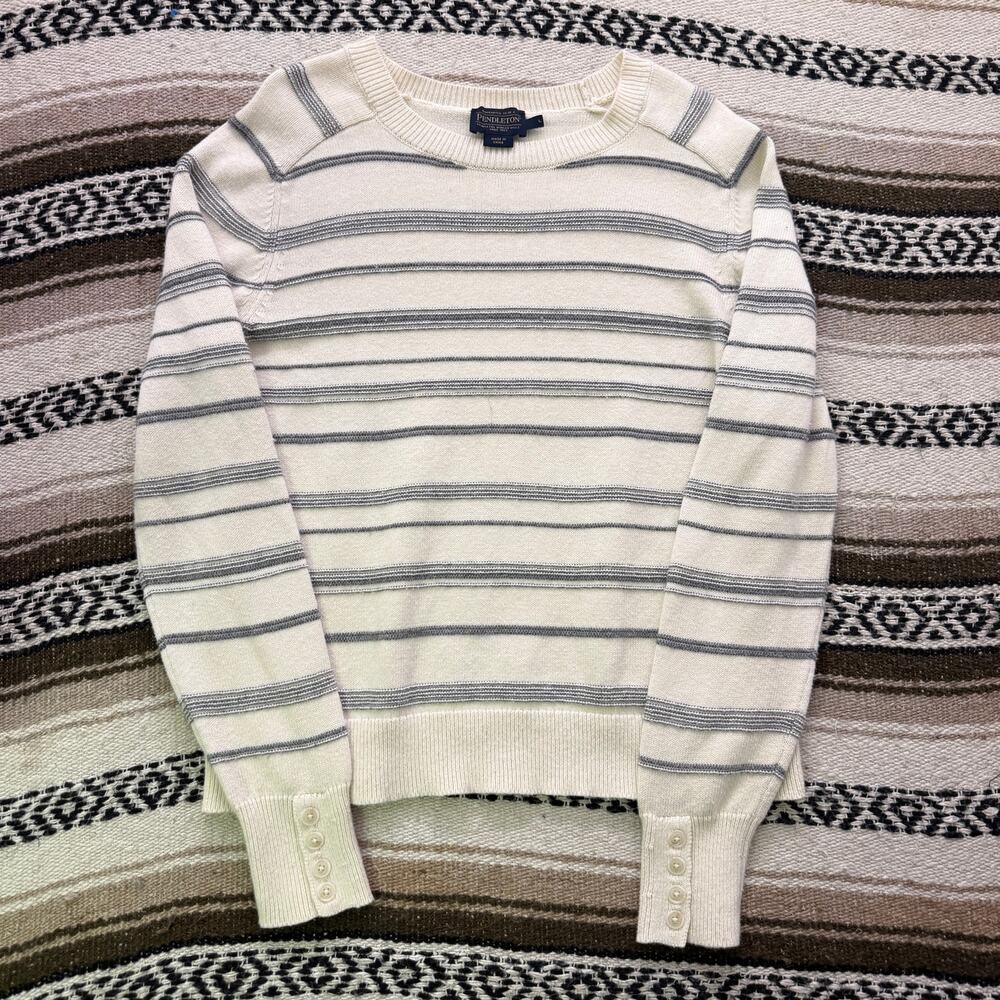 Women's Pendleton Woolen Mills White Gray Wool Crewneck Pullover Sweater Sz L